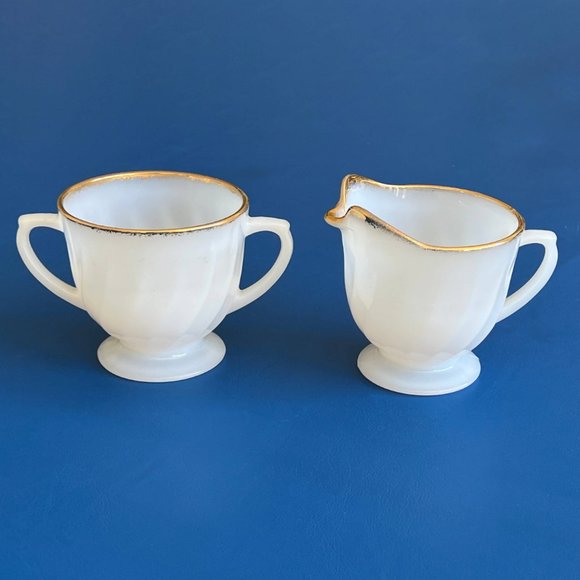 Fire King Milk Glass Creamer and Sugar Bowl, Anchor Hocking, 22 Karat Gold Trim - Picture 2 of 6